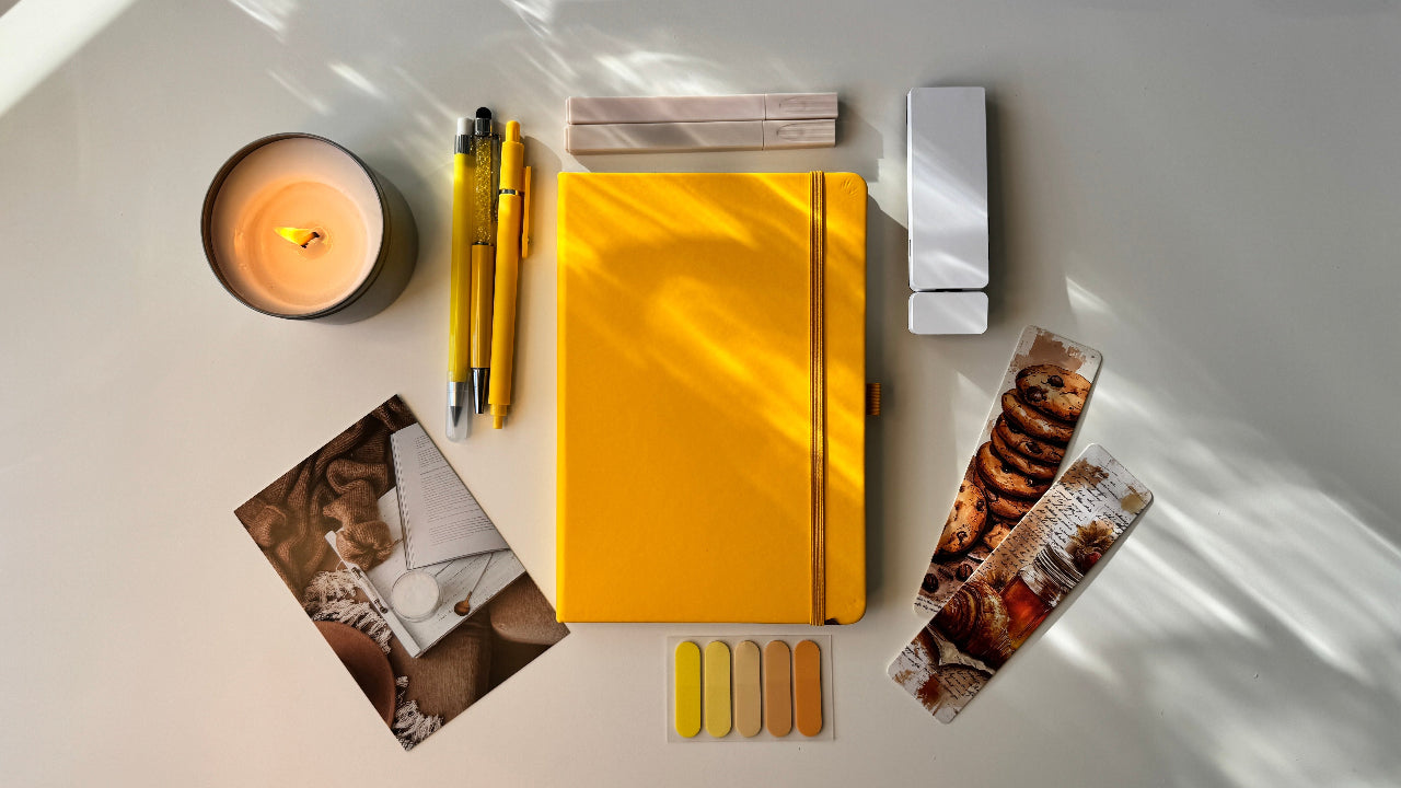 Yellow notebook, pens, and a candle on a white surface with a blurred background